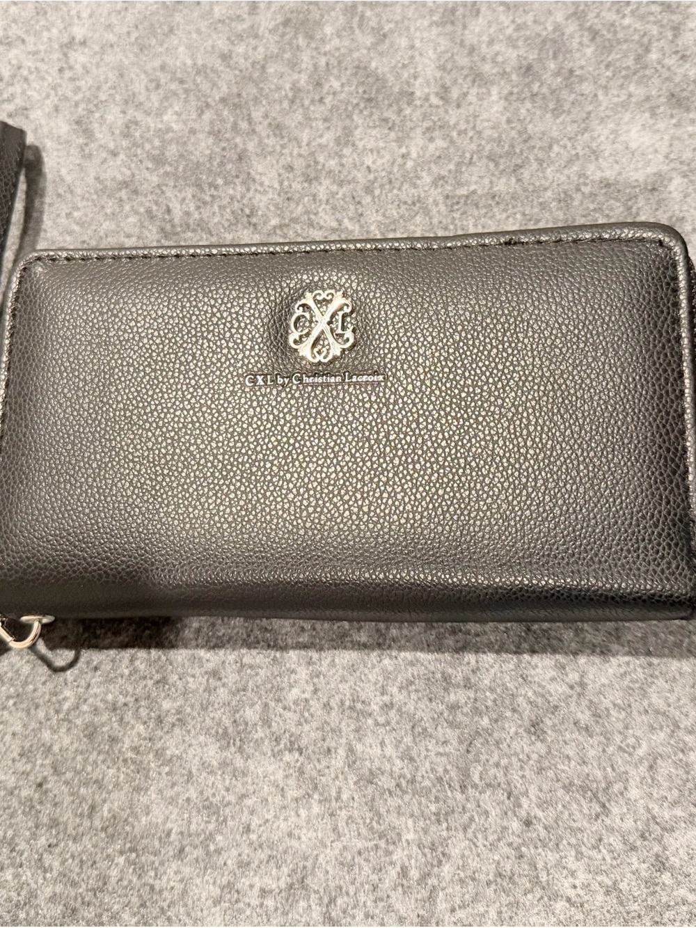 Christian Lacroix Black Pebbled Zip Wallet with Signature Emblem
